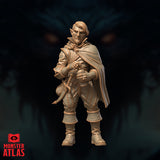 Bearded rock gnome in a heavy cloak clutching a small flask at his belt, wearing cord-bound trousers and worn boots, with a short blade at his hip. Sculpt by Monster Atlas.