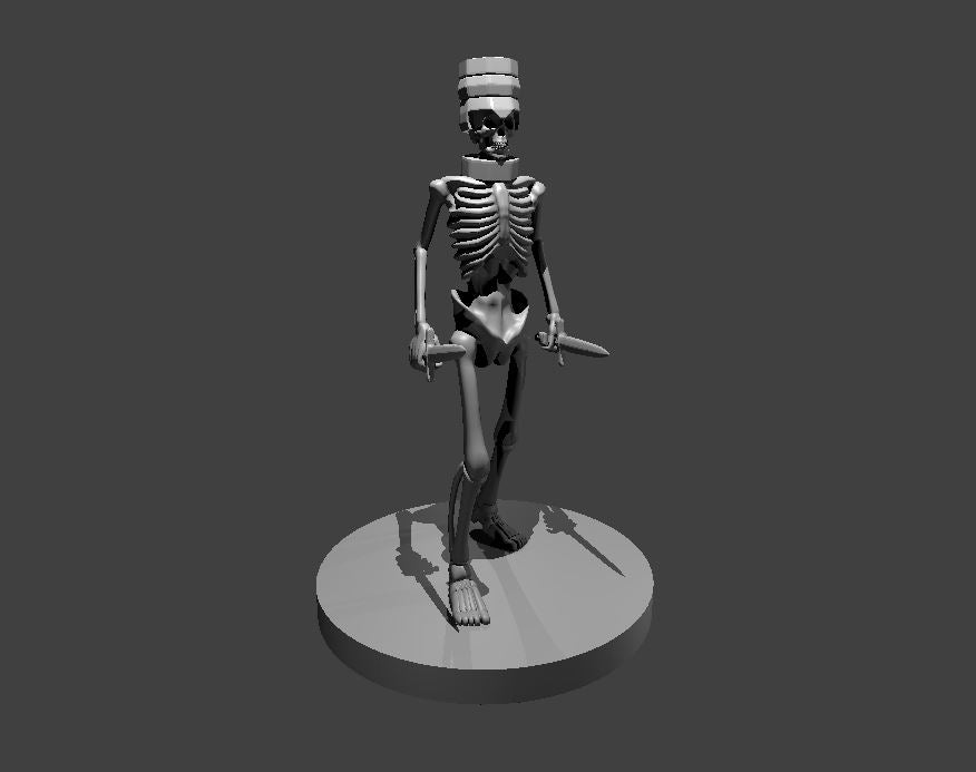 Digital render of the Skeleton Key MM2025 miniature by MZ4250 — an unpainted grey resin skeleton figure mid-stride, holding a short dagger in each hand, wearing a striped sailor's cap, with webbed feet and a bare ribcage, mounted on a plain round base