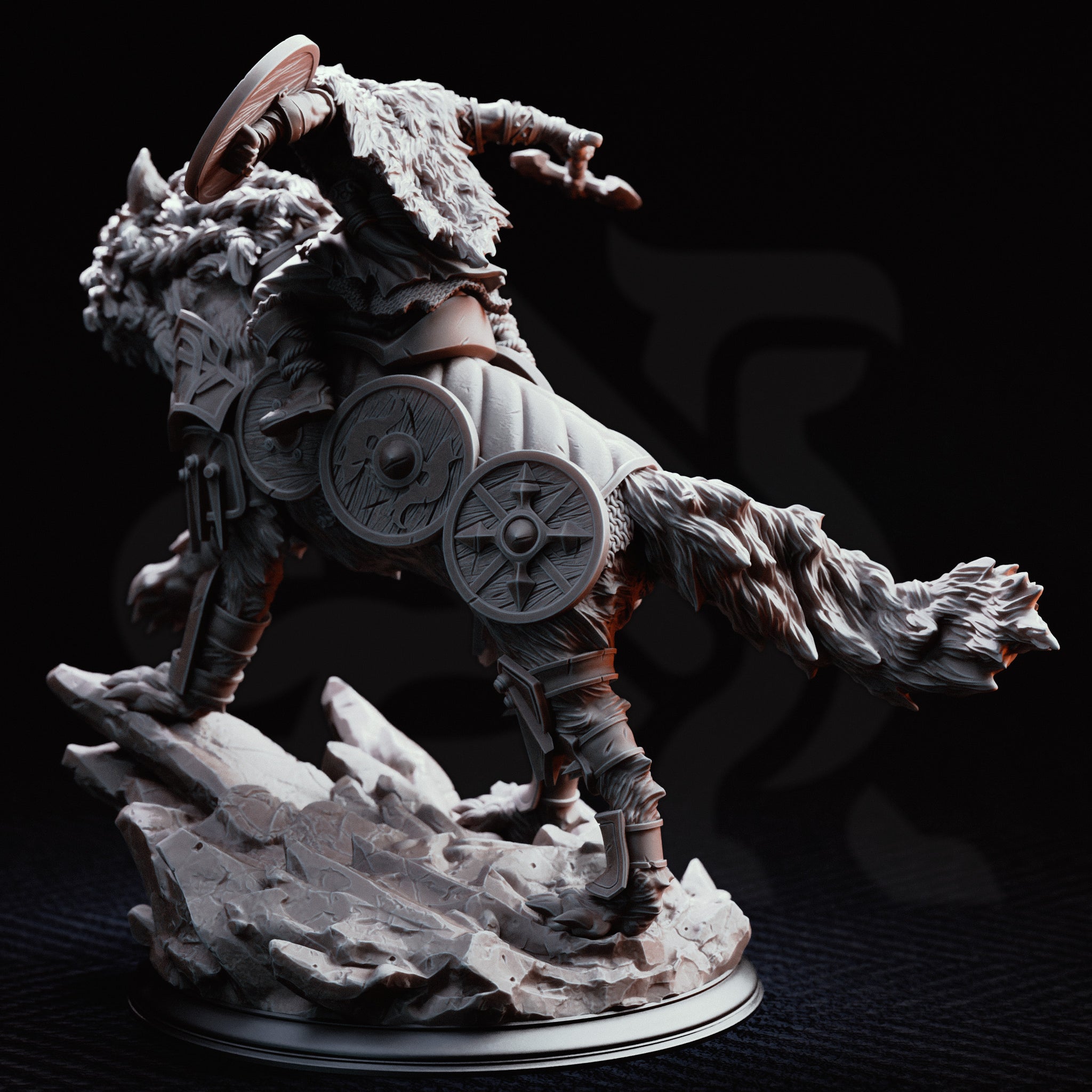 Armoured Norse warrior riding a snarling dire wolf mid-charge, axe raised overhead, round shield braced, wearing scale armour and wolf-pelt cloak. Extra shields strapped to wolf's flanks. Rocky base. DM Stash.
