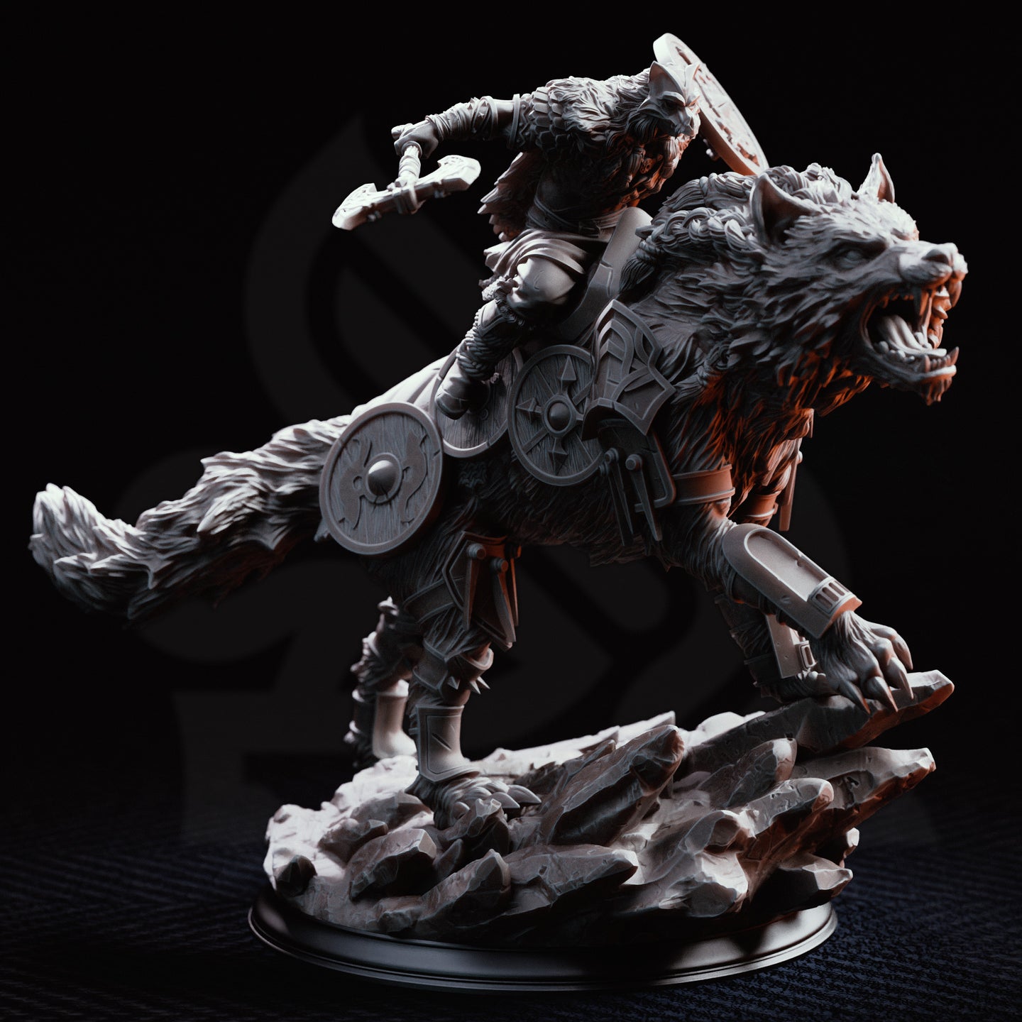 Wolf Knight miniature shown against black background — warrior leaning forward on dire wolf, axe lifted, layered scale armour visible, additional shields on mount's sides, shattered rock base beneath. DM Stash.