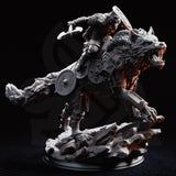 Wolf Knight miniature shown against black background — warrior leaning forward on dire wolf, axe lifted, layered scale armour visible, additional shields on mount's sides, shattered rock base beneath. DM Stash.