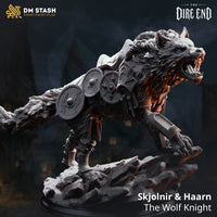 Rear view of Wolf Knight: warrior's wolf-pelt back piece and layered armour plates clearly visible, dire wolf's haunched musculature and flowing tail raised, clawed forepaws leaving cracked stone base. DM Stash.
