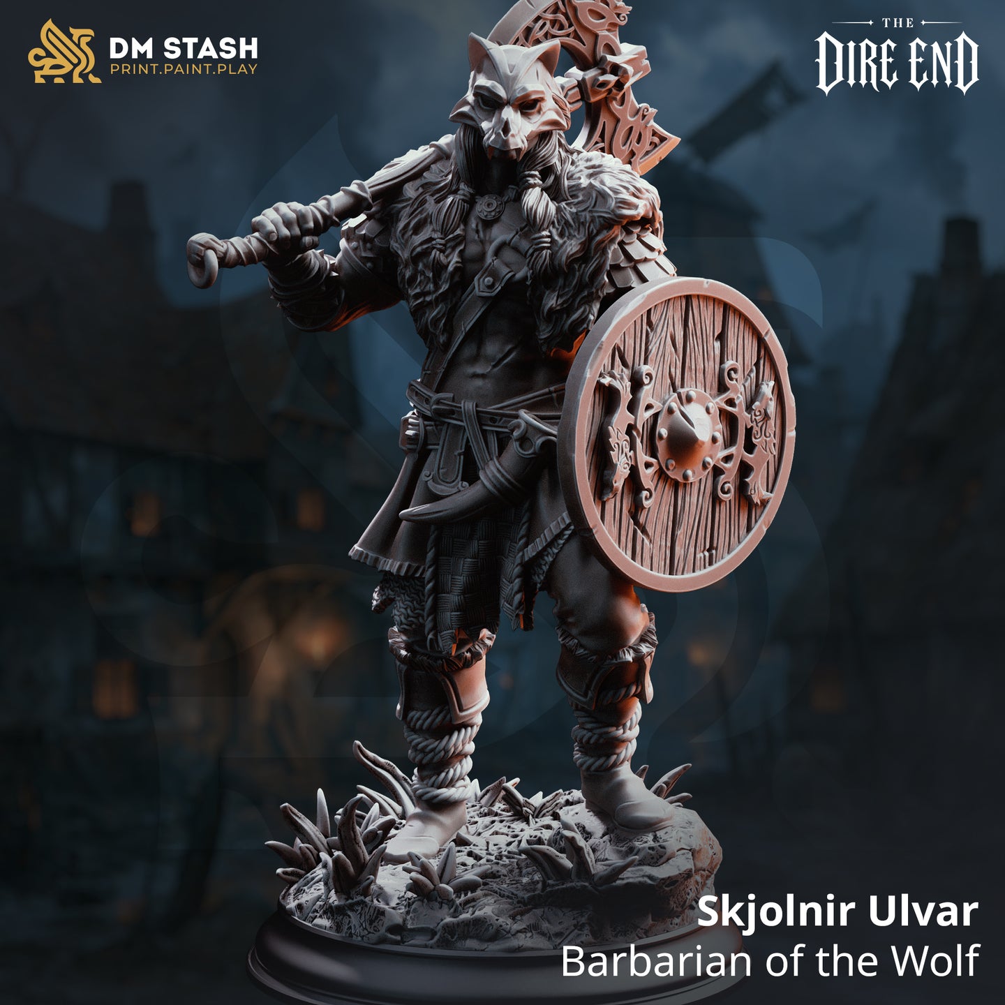 Skjolnir Ulvar by DM Stash — rear view showing a massive runic double-headed axe with intricate knotwork blade carried across the back. Thick fur cloak falls over scale pauldrons; legs wrapped in cord bindings. Scenic base with scattered bones and tufted ground.