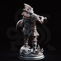 Skjolnir Ulvar by DM Stash — broad barbarian warrior wearing a wolf skull helm, holding a bone-handled mace and a round knotwork shield, with a large runic axe across his back. Fur cloak over scale armour, standing on a bone-scattered scenic base.