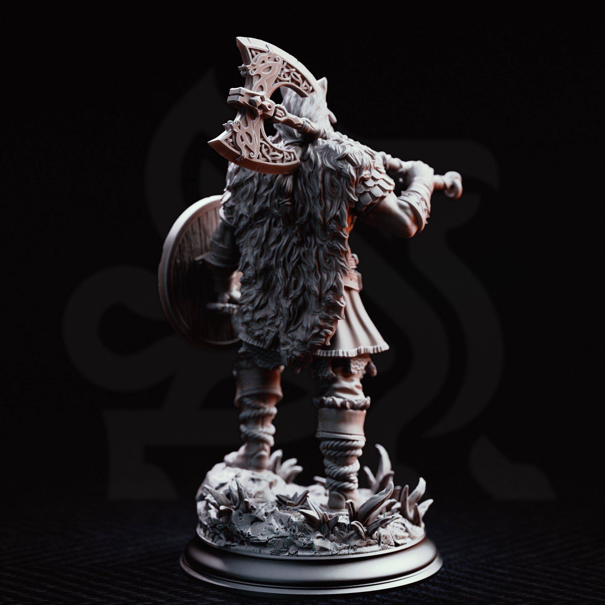 Skjolnir Ulvar by DM Stash — broad barbarian warrior wearing a wolf skull helm, holding a bone-handled mace and a round knotwork shield, with a large runic axe across his back. Fur cloak over scale armour, standing on a bone-scattered scenic base.