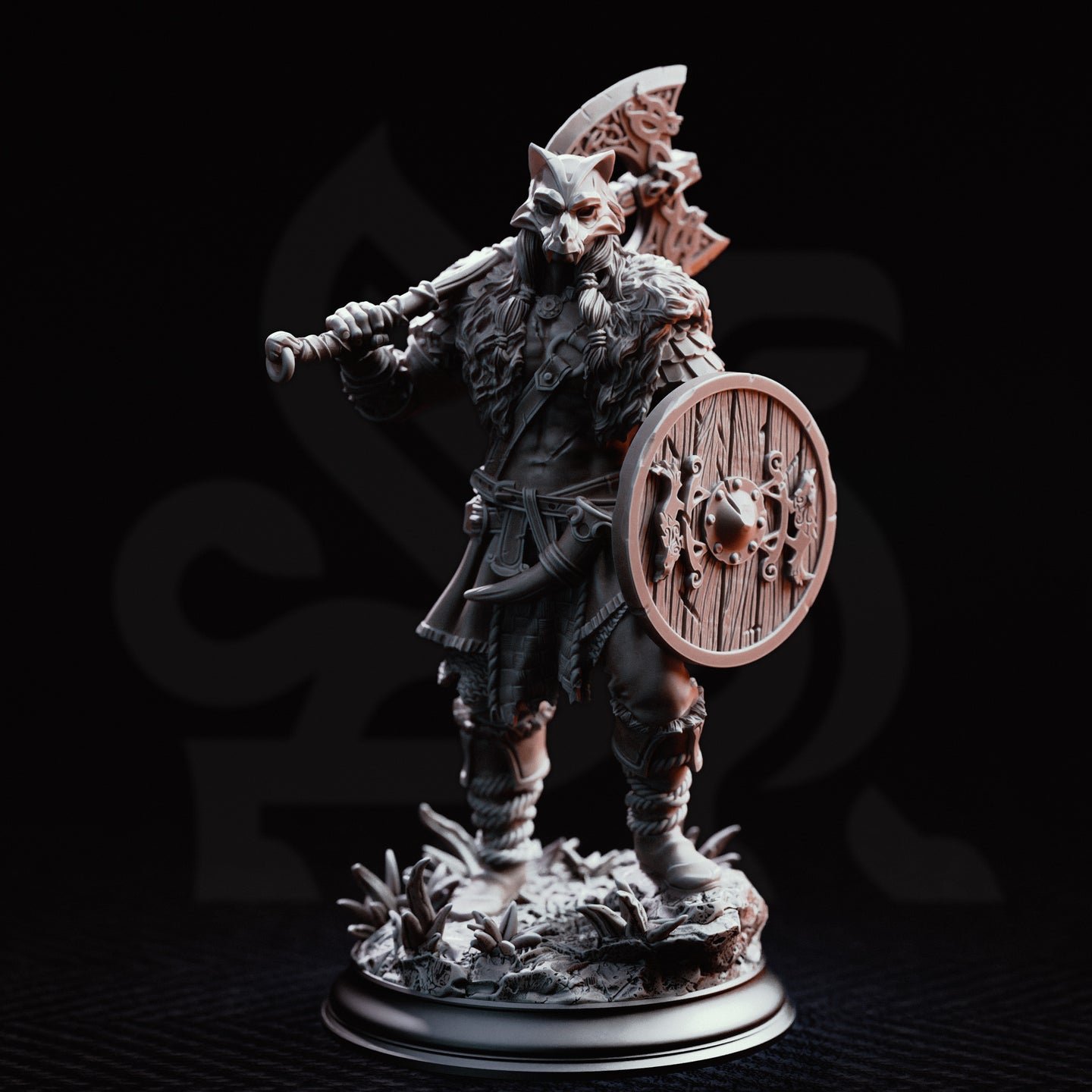 Skjolnir Ulvar by DM Stash — wolf-skulled barbarian in a coiled ready stance, mace raised at shoulder height, round wooden shield at his side. Layered fur and scale armour with wrapped leather leg bindings. Decorative base with wild scrub and scattered debris.
