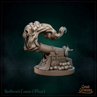 A cannon on a wheeled timber carriage with stacked cannonballs at its base, draped cloth alongside. From the muzzle erupts a billowing spectral mass forming a snarling, hollow-eyed skull. Sculpt by Great Grimoire.