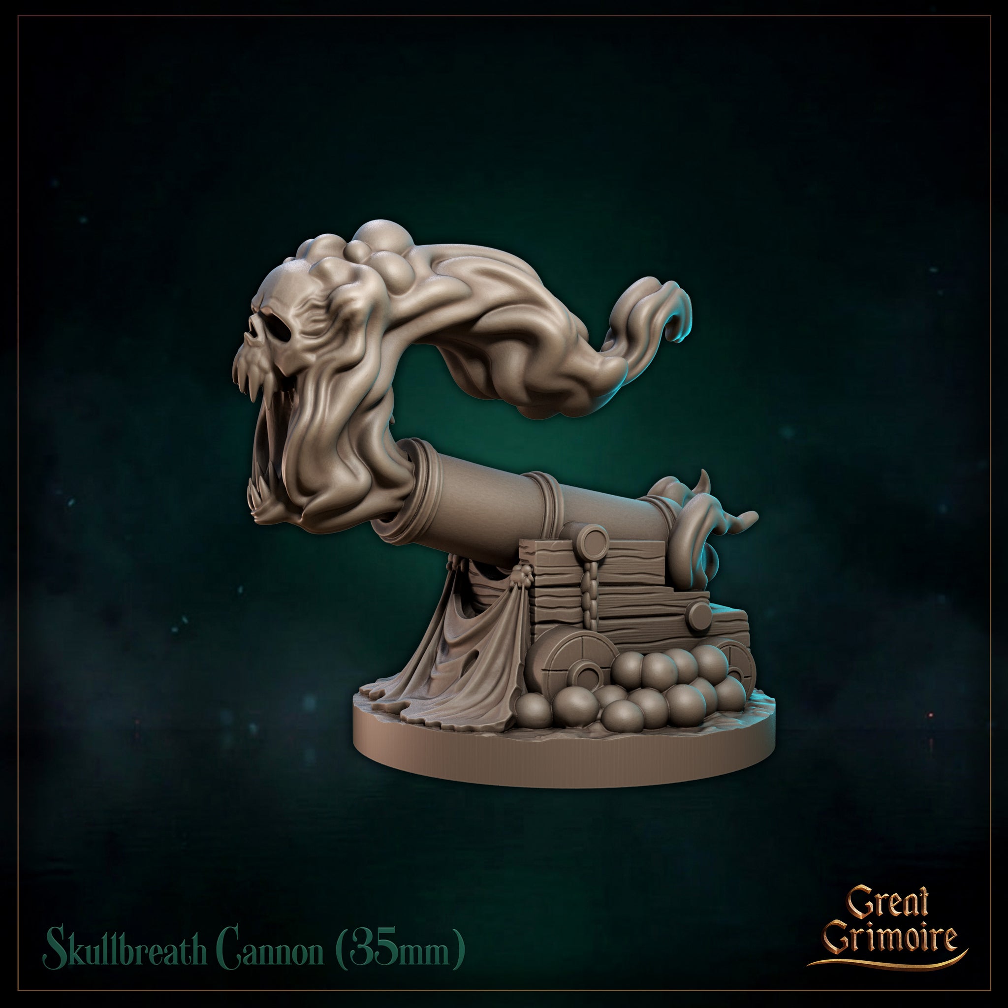 A cannon on a wheeled timber carriage with stacked cannonballs at its base, draped cloth alongside. From the muzzle erupts a billowing spectral mass forming a snarling, hollow-eyed skull. Sculpt by Great Grimoire.