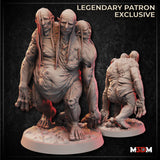 Digital render of the Sloth Abomination miniature showing front and rear views: a hunched three-headed creature with gaunt faces, long pointed ears, lank strands of hair, elongated arms, and deeply textured skin, mounted on a scenic rubble base. Labelled as a Legendary Patron Exclusive by M3DM.