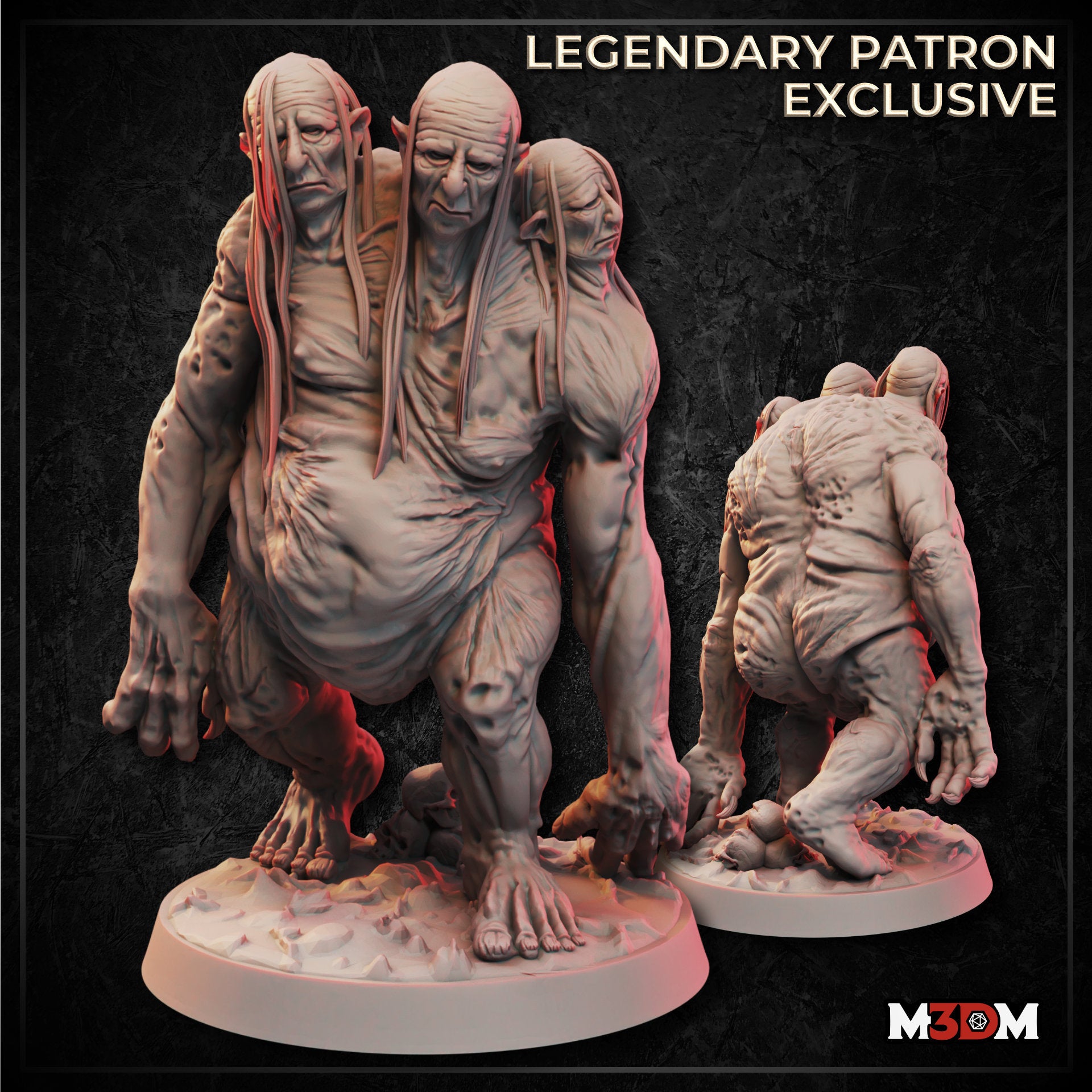 Digital render of the Sloth Abomination miniature showing front and rear views: a hunched three-headed creature with gaunt faces, long pointed ears, lank strands of hair, elongated arms, and deeply textured skin, mounted on a scenic rubble base. Labelled as a Legendary Patron Exclusive by M3DM.