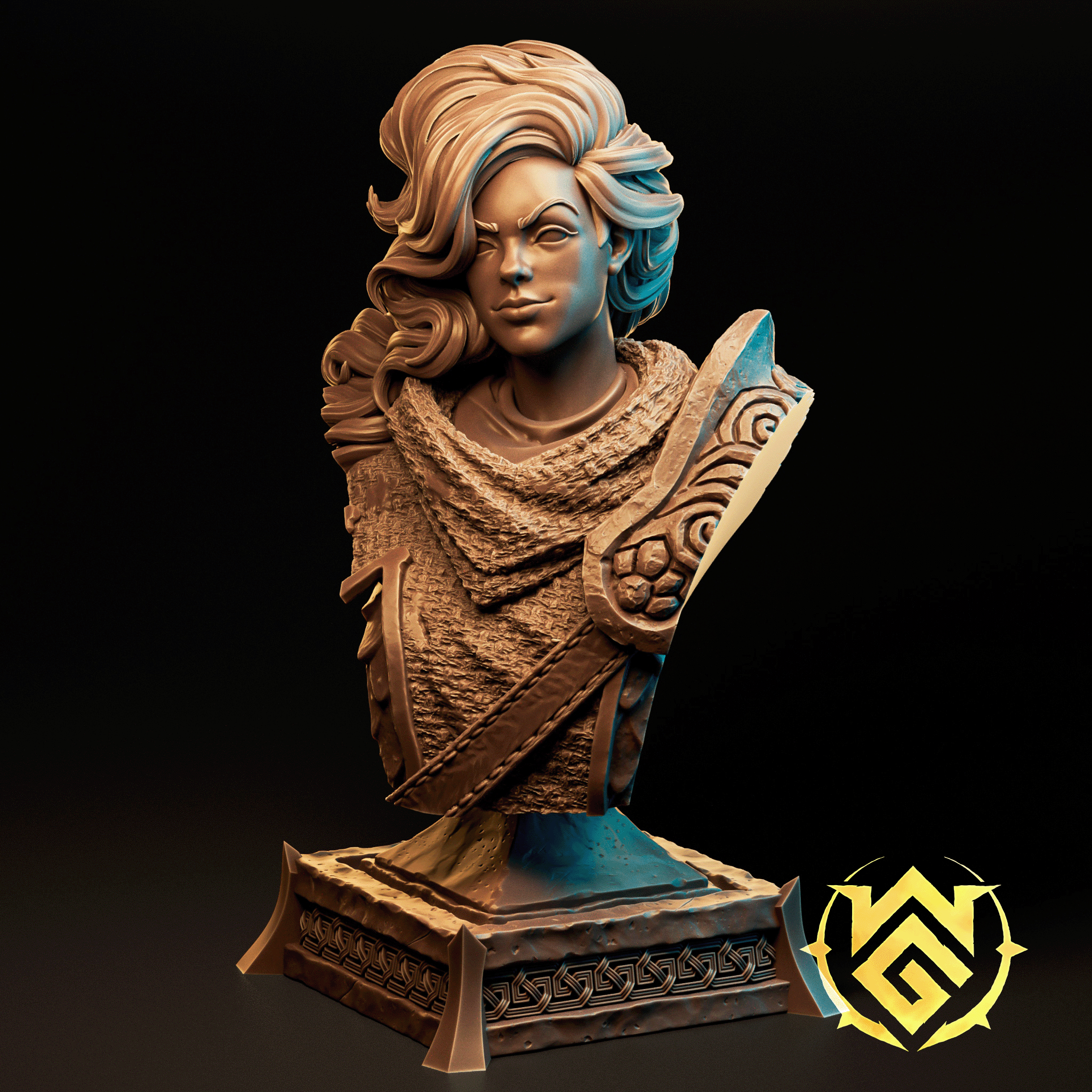 Unpainted resin display bust of Sloure the Gatekeeper by The Witchguild — a female warrior with flowing two-toned hair, a coarse wrap, and an ornately carved shield raised in her right hand, mounted on a detailed geometric plinth base with knotwork banding