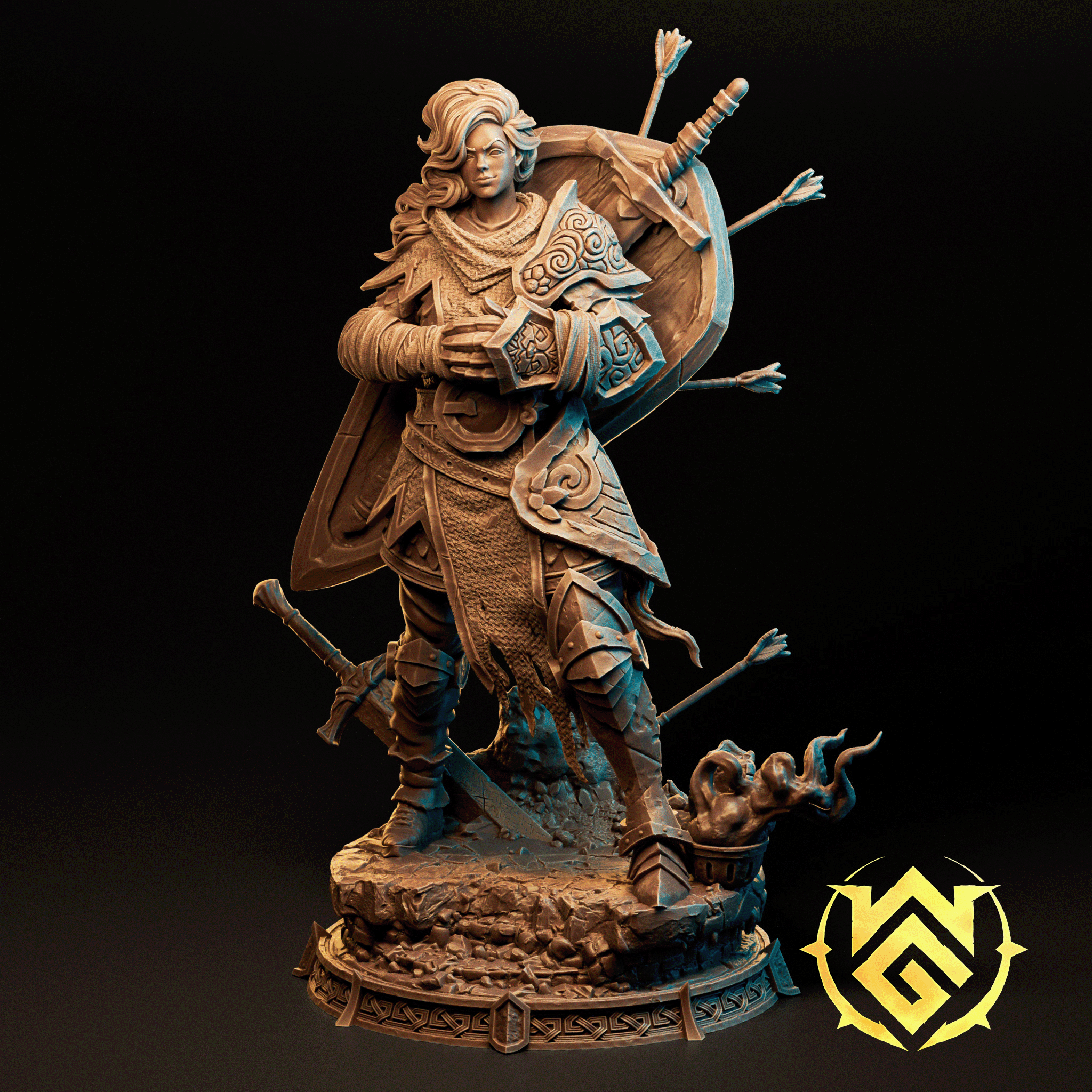 Digital render of Sloure the Gatekeeper, a female warrior miniature in ornate plate armour, striding forward with a large round shield pierced by multiple arrows. She wears layered pauldrons with scroll-work detail and carries a sword at her side. The scenic base features fallen weapons, scattered arrows, and a small lit brazier. Unpainted warm-toned render by The Witchguild.