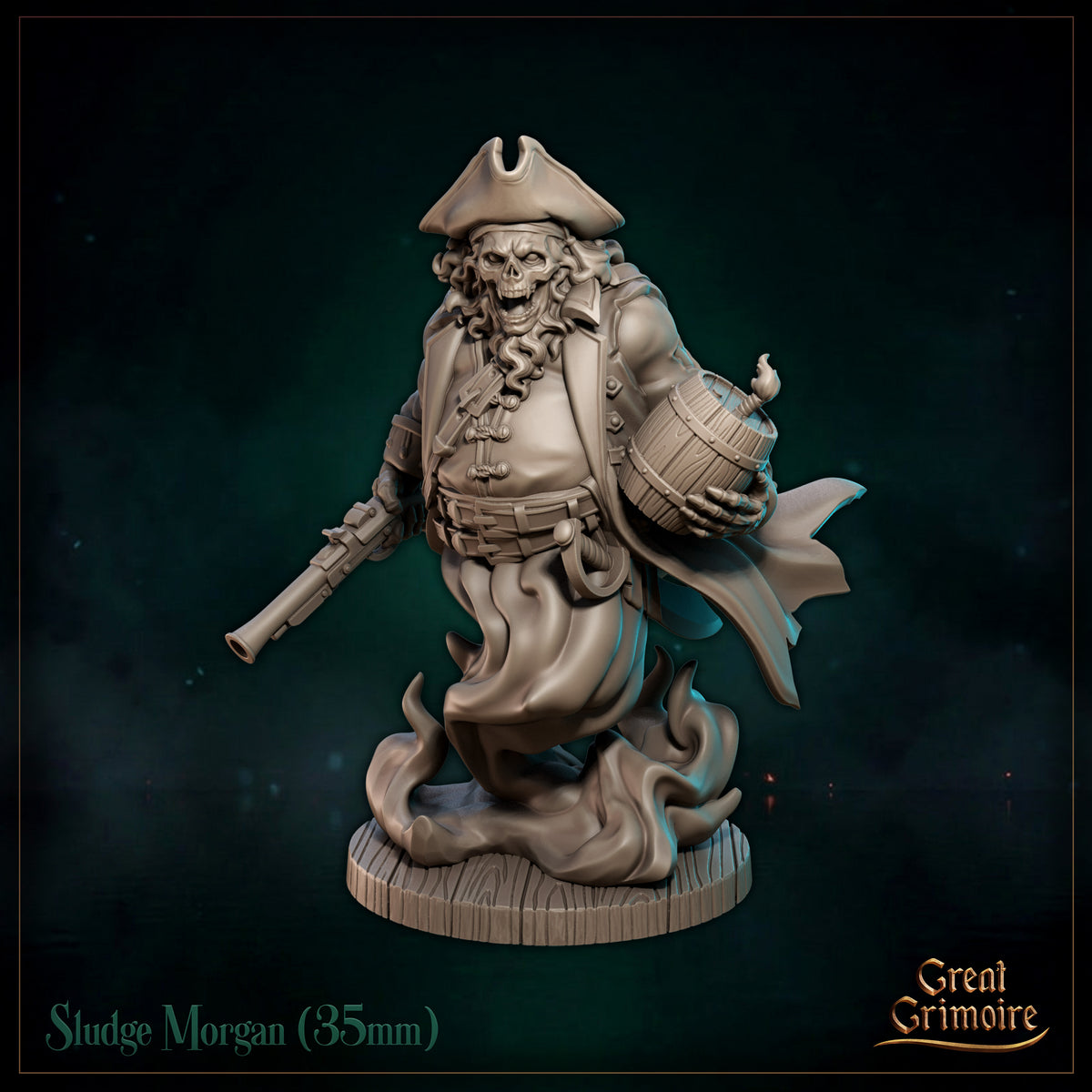 Skeletal undead pirate captain striding forward, grinning skull beneath a tricorne hat, holding a powder keg and levelling a flintlock pistol, ghostly flames swirling at the base. Sculpt by Great Grimoire.