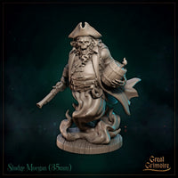 Skeletal undead pirate captain striding forward, grinning skull beneath a tricorne hat, holding a powder keg and levelling a flintlock pistol, ghostly flames swirling at the base. Sculpt by Great Grimoire.