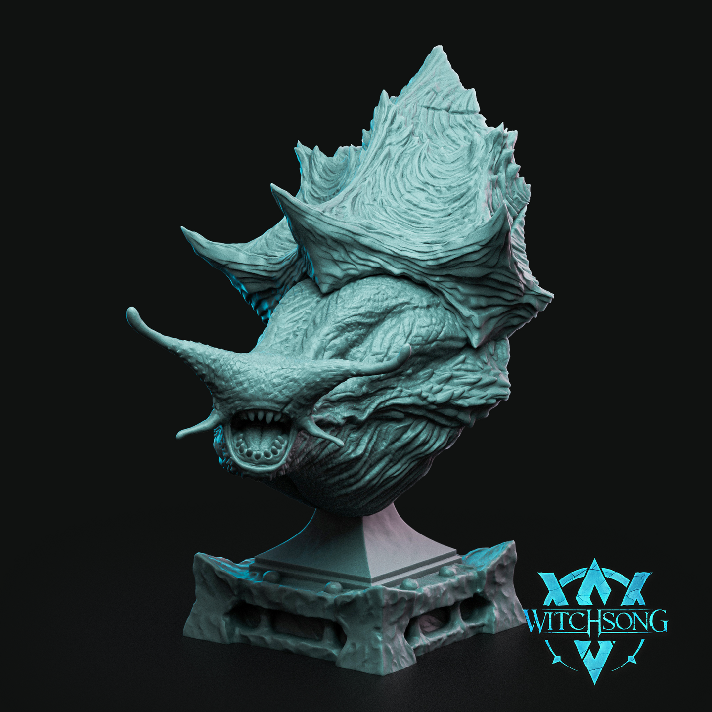 Unpainted teal resin digital render of the Slug the Snail God bust by Witchsong Miniatures, showing a grotesque molluscan deity head with layered scales, a jagged fin-like crest, lateral spines, and a gaping mouth with blunt teeth, mounted on a craggy sculpted display plinth