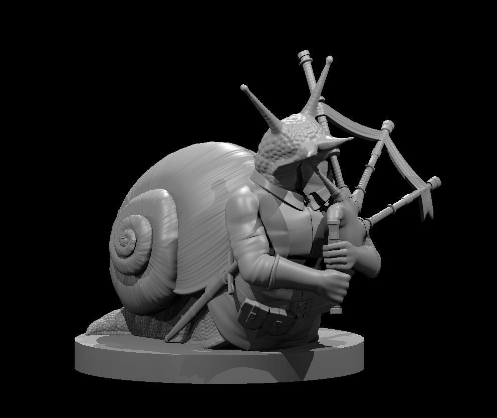 Snailfolk bard miniature seated within a large spiral shell, holding a full set of bagpipes with both muscular arms, antennae raised, on a flat round base. Sculpt by MZ4250.