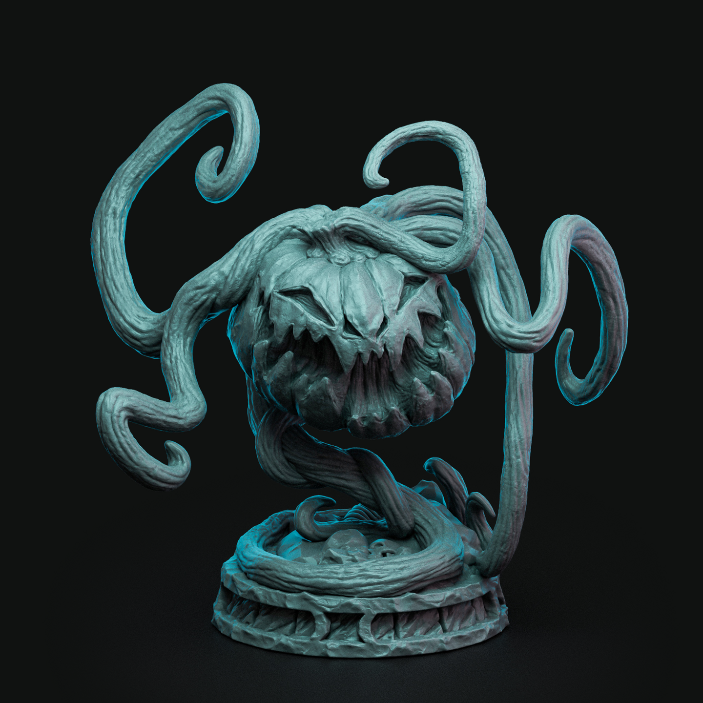 Digital render of the Harvest Soldier 01 miniature by Witchsong Miniatures — an unpainted grey resin sculpt of a snarling pumpkin-headed creature with a wide jagged-toothed mouth, multiple writhing vine tentacles curling outward, and a detailed scenic base scattered with small skulls, printed at 32mm tabletop scale