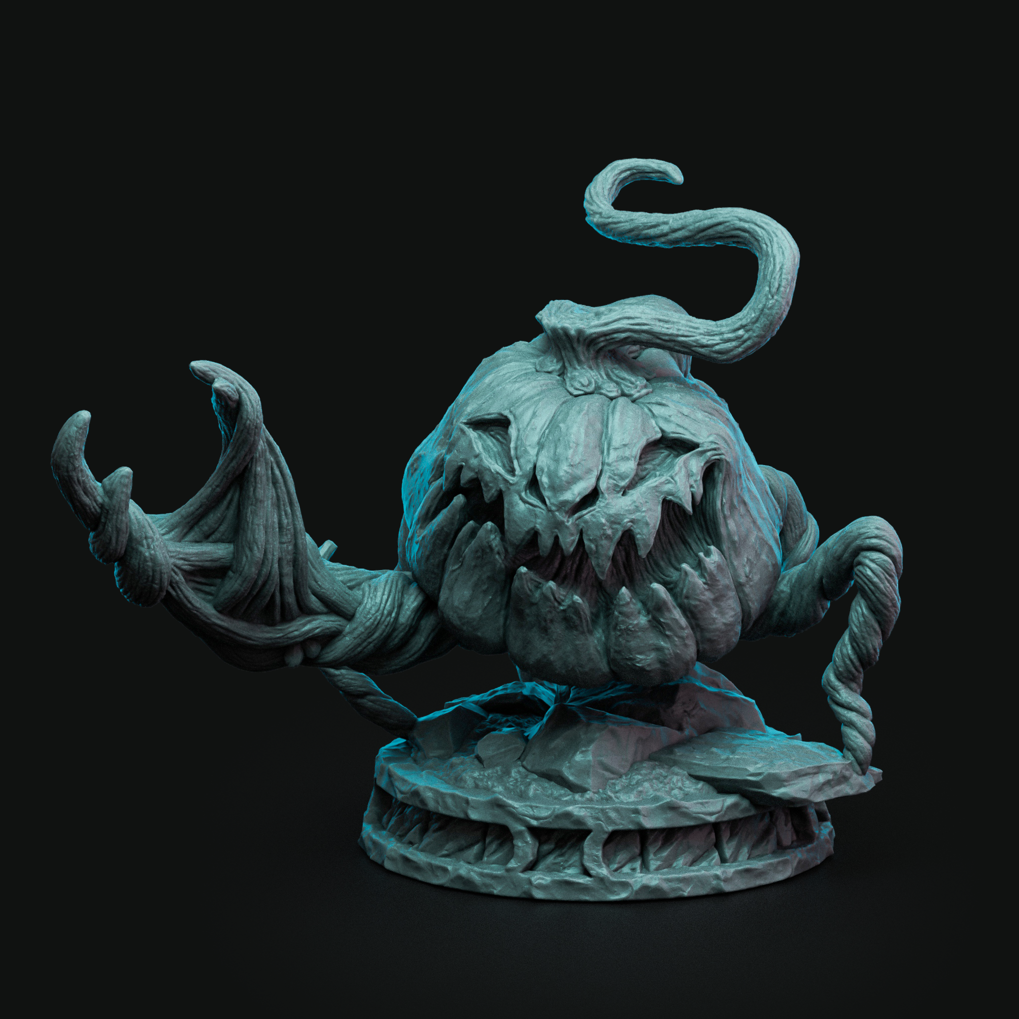Digital render of the Harvest Soldier 02 miniature by Witchsong Miniatures — an unpainted grey resin sculpt depicting a grotesque pumpkin-headed creature with jagged fang-lined jaws, two writhing vine-claw arms, and a curling tendril rising from its crown, posed mid-reach on a cracked stone base at 32mm scale