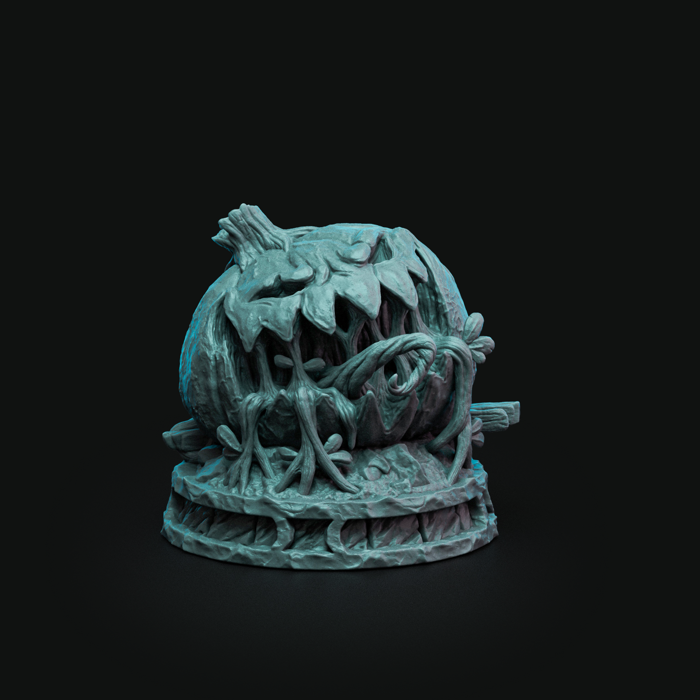 Digital render of Harvest Soldier 03 — an unpainted teal resin miniature of a monstrous pumpkin-like creature with a wide jagged mouth, grasping root-like teeth, and thick vines coiling around its rounded body, mounted on a textured round base