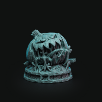 Digital render of Harvest Soldier 03 — an unpainted teal resin miniature of a monstrous pumpkin-like creature with a wide jagged mouth, grasping root-like teeth, and thick vines coiling around its rounded body, mounted on a textured round base