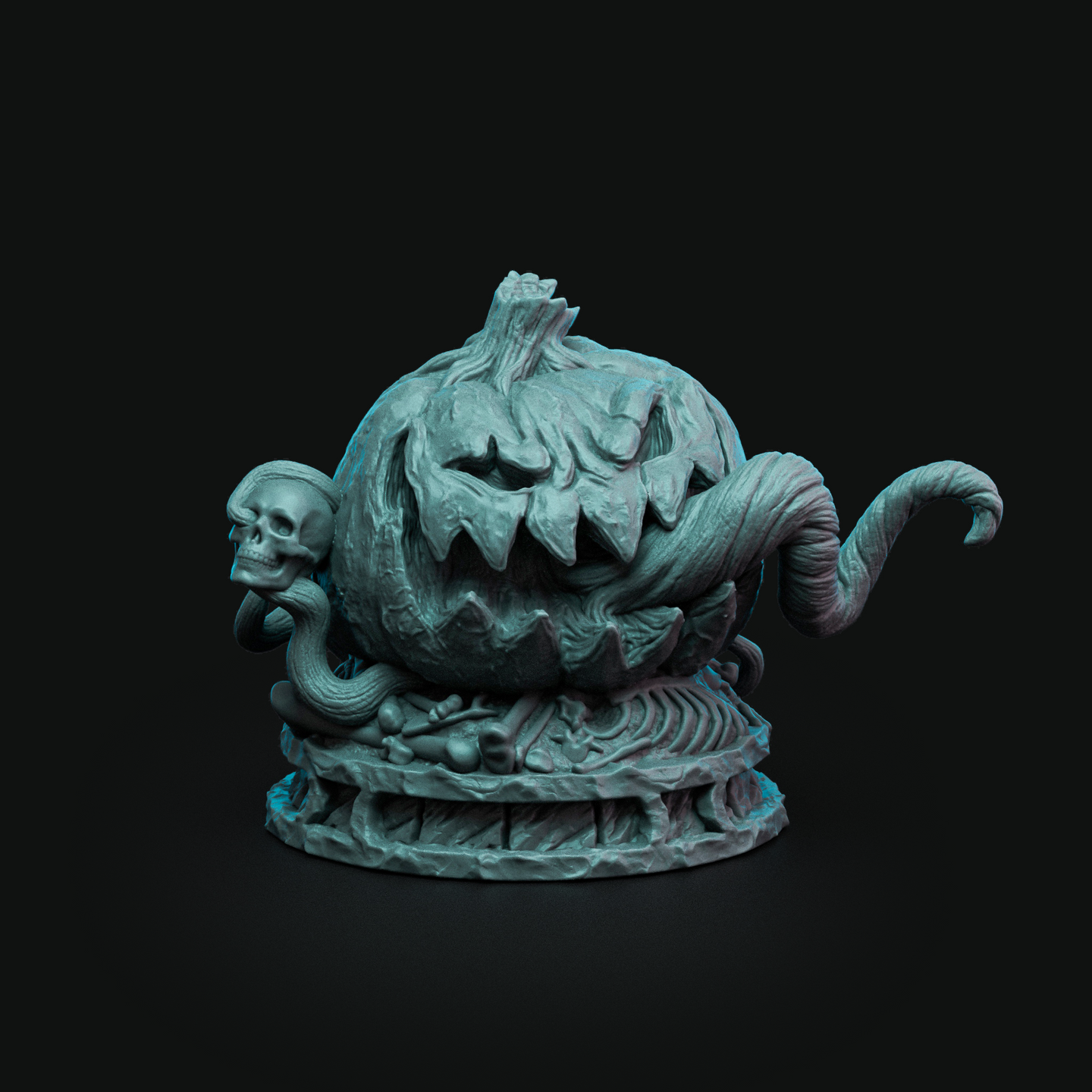 Digital render of the Harvest Soldier 04 miniature by Witchsong Miniatures — an unpainted teal-grey resin sculpt depicting a monstrous animate pumpkin with a jagged carved grin, hollow eyes, and two curling tentacles, one gripping a humanoid skull with a lolling tongue, the other coiling outward with a hooked tip; the creature sits atop a textured base of scattered bones and ribcage fragments