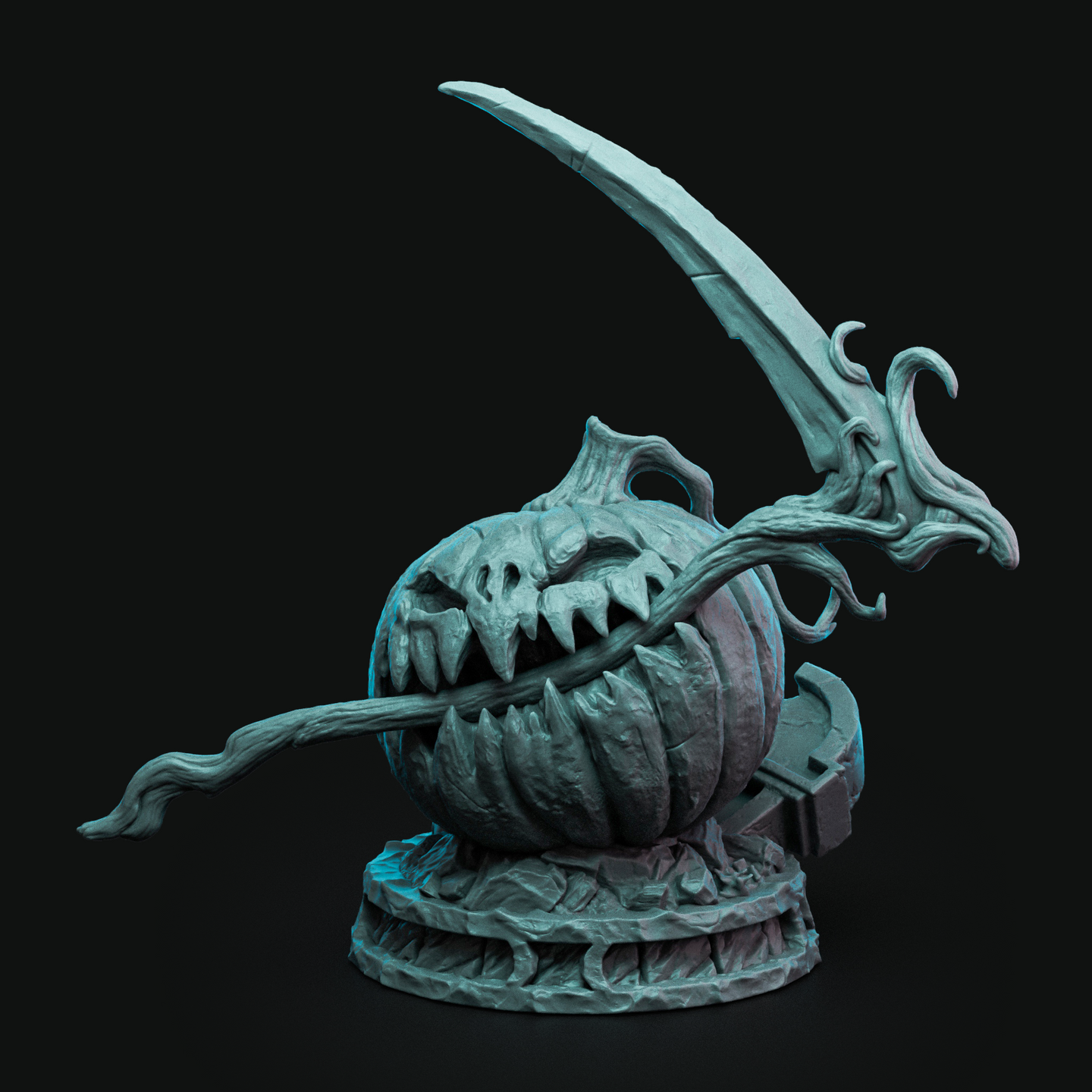 Digital render of the Harvest Soldier 05 miniature by Witchsong Miniatures — an unpainted teal resin sculpt of a bloated pumpkin creature with a wide jagged mouth, a vine-like tongue extending outward, and a large curved bone scythe raised overhead on a gnarled arm, mounted on a detailed rubble base