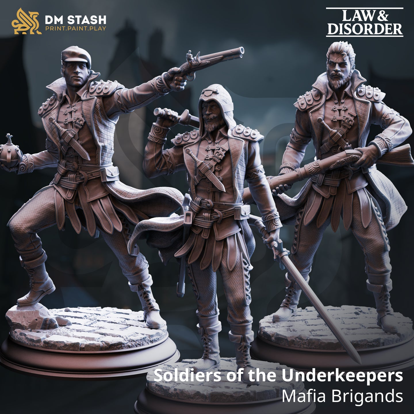 Digital render showing all three Soldiers of the Underkeepers miniatures side by side — left figure in flat cap firing a flintlock pistol with a grenade in his offhand, centre figure hooded with a dagger on his shoulder and sword at his side, right figure bearded and wielding a long musket, all wearing quilted leather armour with pauldrons and standing on cobblestone bases. From the DM Stash Law and Disorder range.