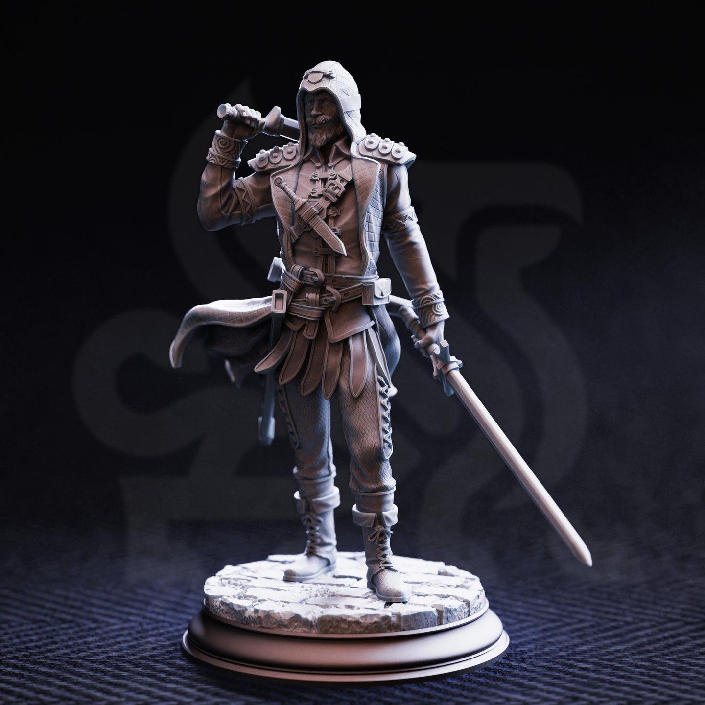 Unpainted grey resin digital render of the hooded Underkeeper soldier miniature — standing on a cobblestone base, wearing quilted armour and leather pauldrons, dagger rested on his shoulder and a longsword held low in his other hand, face partially obscured by a deep hood with a short beard visible beneath.
