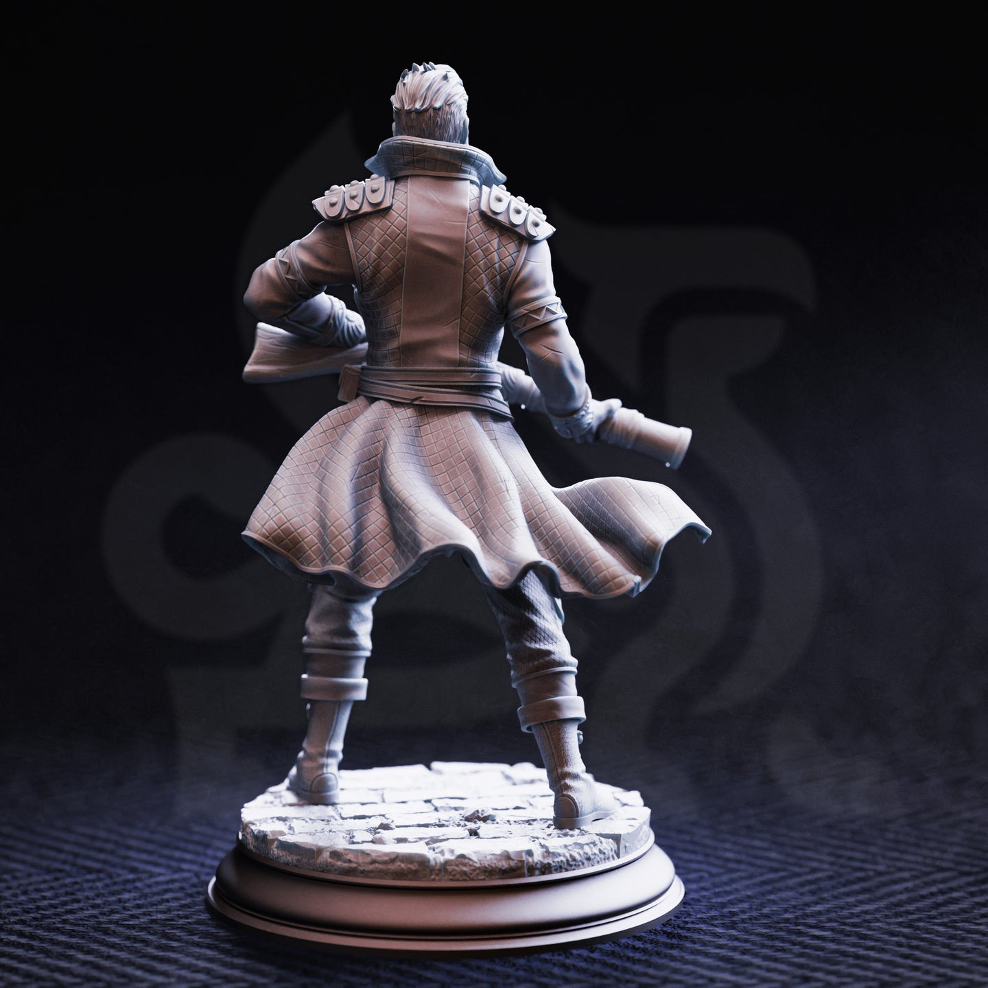 Rear view of the same unpainted grey resin miniature showing the diamond-quilted texture of the greatcoat billowing behind the figure, armoured shoulder plates, and the flintlock barrel visible at the side, on a cobblestone rubble base — 32mm scale by DM Stash