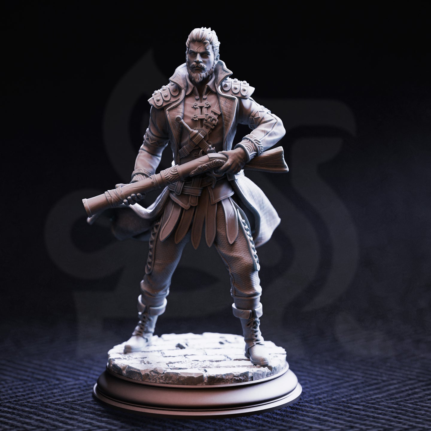 Front view of an unpainted grey resin miniature of a bearded male soldier in a quilted greatcoat with armoured epaulettes, holding an ornate flintlock longarm across his body, one hand on his hip, standing on a cobblestone rubble base — 32mm scale by DM Stash