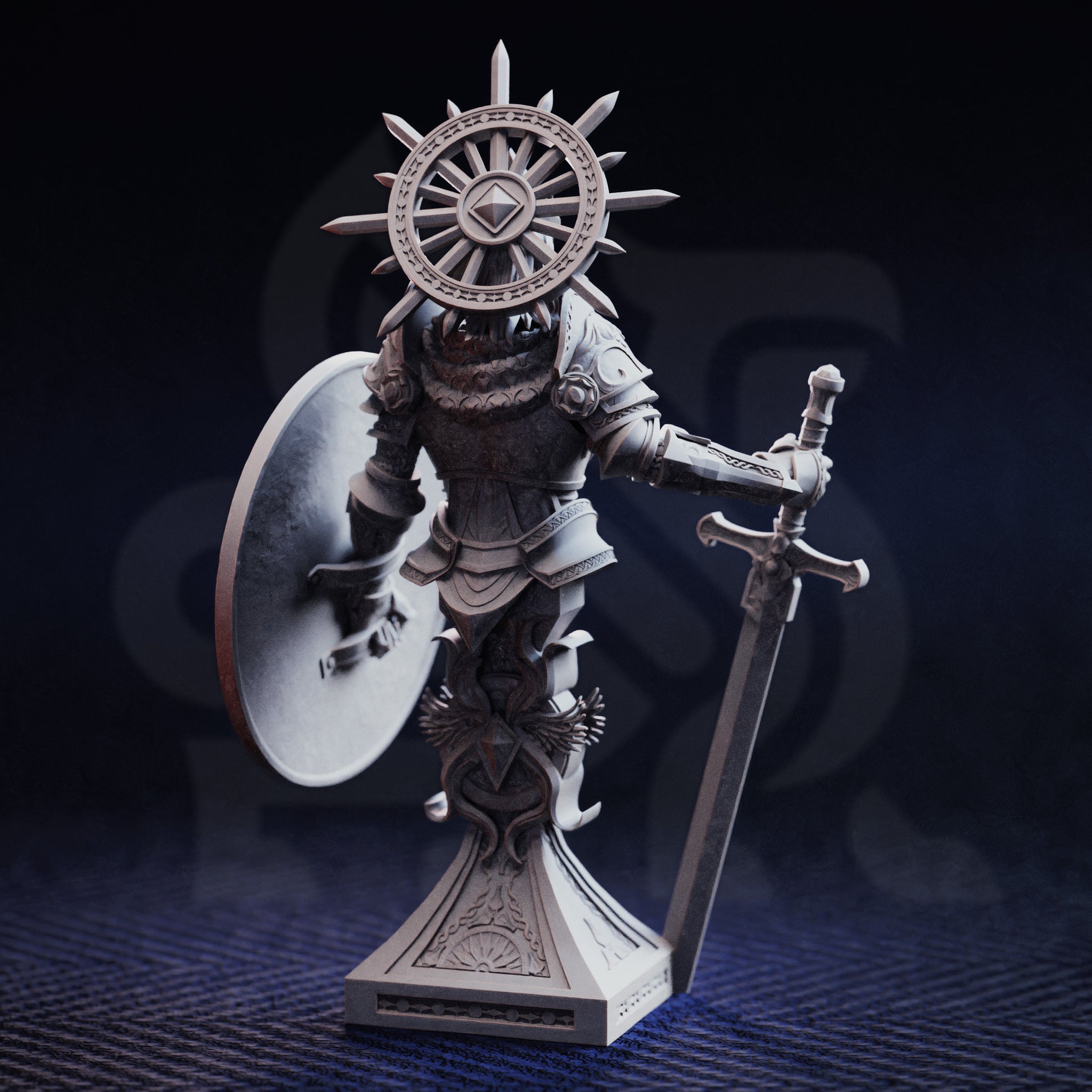 Photograph of unpainted grey resin Soleria the Judge bust miniature — rear three-quarter view showing the full spiked solar halo from behind, layered armour detail across the back and shoulders, shield reverse, and the engraved plinth base
