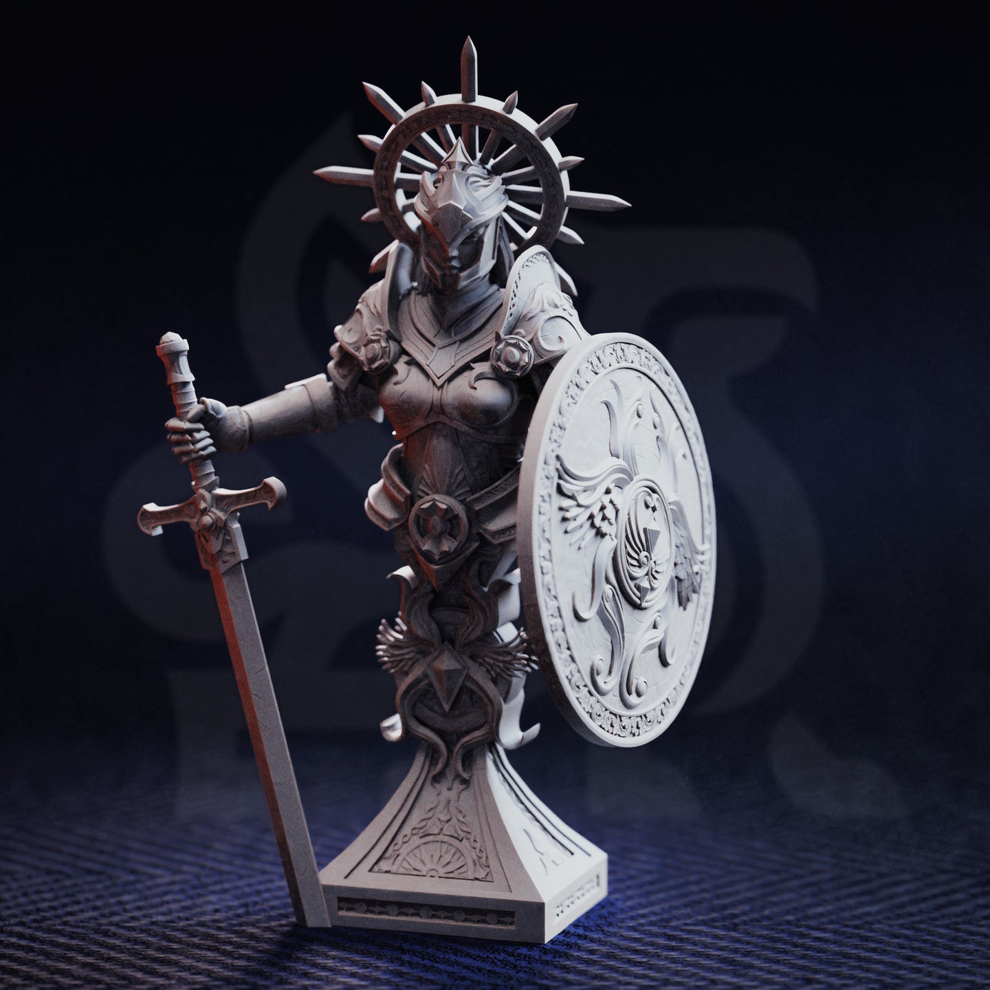 Photograph of unpainted grey resin Soleria the Judge bust miniature — front view showing detailed plate armour with sacred engravings, spiked wheel halo, round shield with intricate scrollwork and central winged figure, and cruciform sword, on an ornate stepped display base