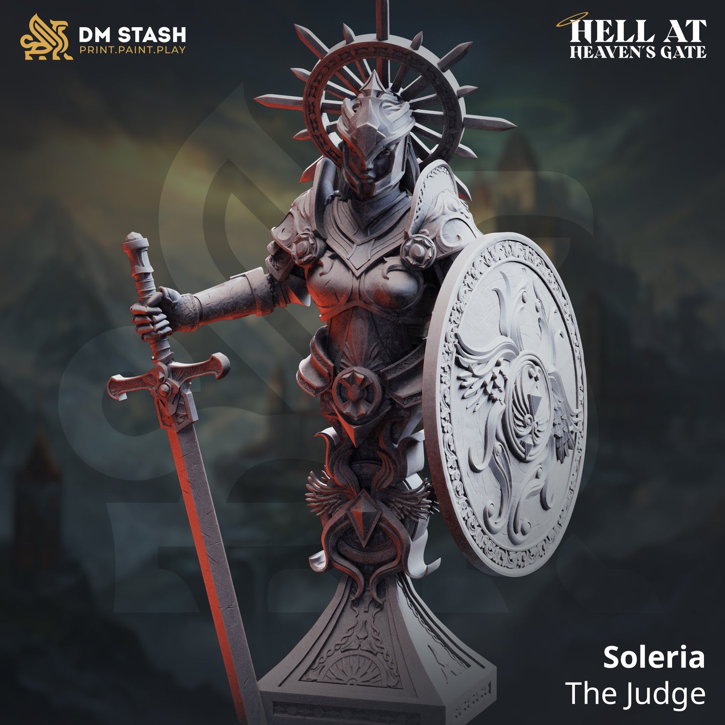 Digital render of Soleria the Judge bust miniature from DM Stash Hell at Heaven's Gate collection — armoured female figure in ornate plate armour with a large spiked solar halo, holding a cruciform longsword and an engraved round shield bearing a winged relief, mounted on a sculpted stepped plinth