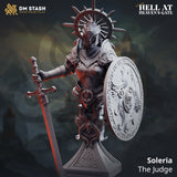 Digital render of Soleria the Judge bust miniature from DM Stash Hell at Heaven's Gate collection — armoured female figure in ornate plate armour with a large spiked solar halo, holding a cruciform longsword and an engraved round shield bearing a winged relief, mounted on a sculpted stepped plinth