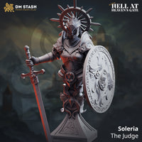Digital render of Soleria the Judge bust miniature from DM Stash Hell at Heaven's Gate collection — armoured female figure in ornate plate armour with a large spiked solar halo, holding a cruciform longsword and an engraved round shield bearing a winged relief, mounted on a sculpted stepped plinth