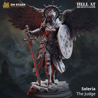 Unpainted grey resin render of Soleria the Judge miniature with wings — same armoured female celestial warrior pose with sword and shield, now featuring a dramatic spread of large dark feathered wings fully extended behind her, spiked wheel halo crown visible, rubble base