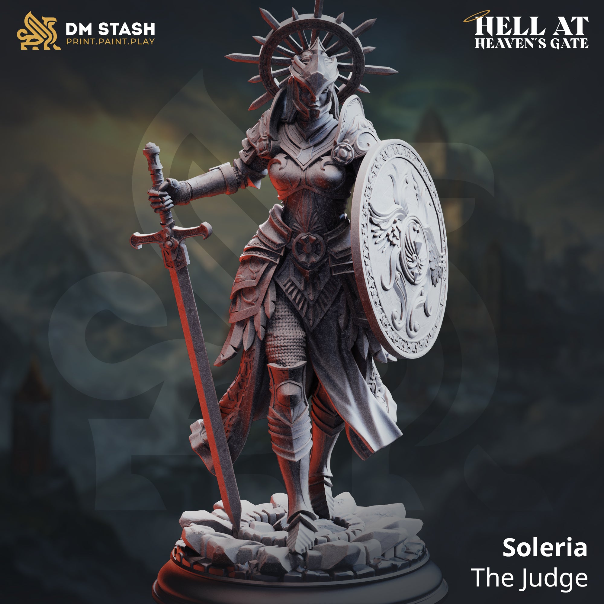 Unpainted grey resin render of Soleria the Judge miniature — armoured female celestial warrior standing on a rubble base, holding a longsword tip-down in her right hand and a large ornate circular shield in her left, wearing layered plate armour with chainmail and a spiked wheel halo crown, no wings variant