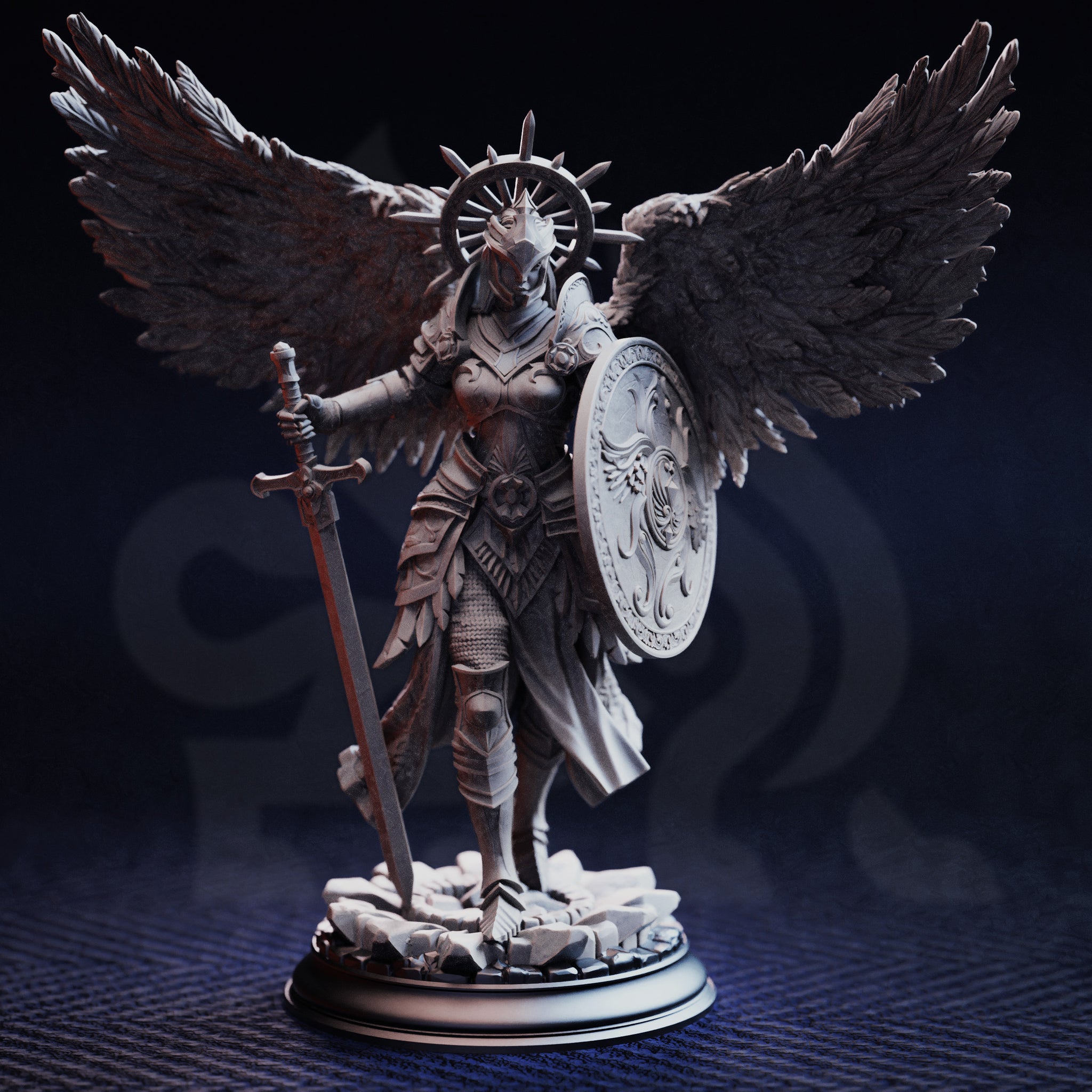 Painted display photograph of Soleria the Judge miniature with wings — armoured female celestial figure with dark feathered wings spread wide, longsword resting on rubble base, ornate relief shield on left arm, spiked wheel halo, photographed against a dark moody background showing fine sculpt and armour detail
