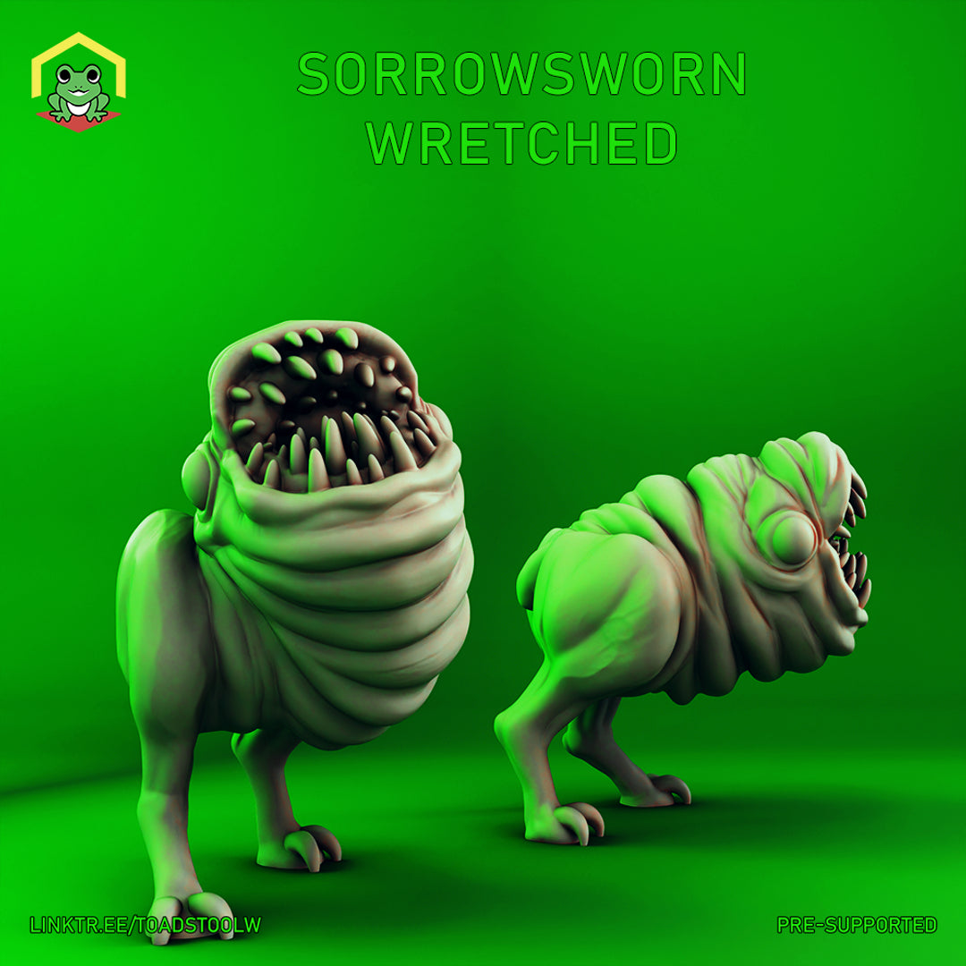 Two renders of the Sorrowsworn Wretched by The Toadstool Weaver: a squat, bloated creature on all fours with a gaping circular maw ringed by rows of inward-curving fangs in place of a face, and a second angle showing a sunken eye set within deep folds of sagging, textured flesh above the jaws.