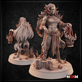 Digital render of the Soul Warden miniature by Mia Kay M3DM showing front and back views — a bare-chested fey male figure with long wild hair, pointed ears, and a tattered cloak, holding two soul lanterns on chains with a rune-inscribed tablet and crystalline base details