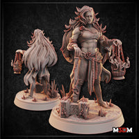 Digital render of the Soul Warden miniature by Mia Kay M3DM showing front and back views — a bare-chested fey male figure with long wild hair, pointed ears, and a tattered cloak, holding two soul lanterns on chains with a rune-inscribed tablet and crystalline base details