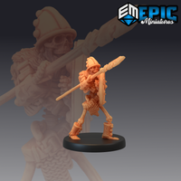 Armoured skeleton warrior by Epic Miniatures, striding forward with a long spear levelled and a broad decorated shield raised. Wears a conical helm and remnants of chainmail and leg armour. Sculpted bone detail throughout.