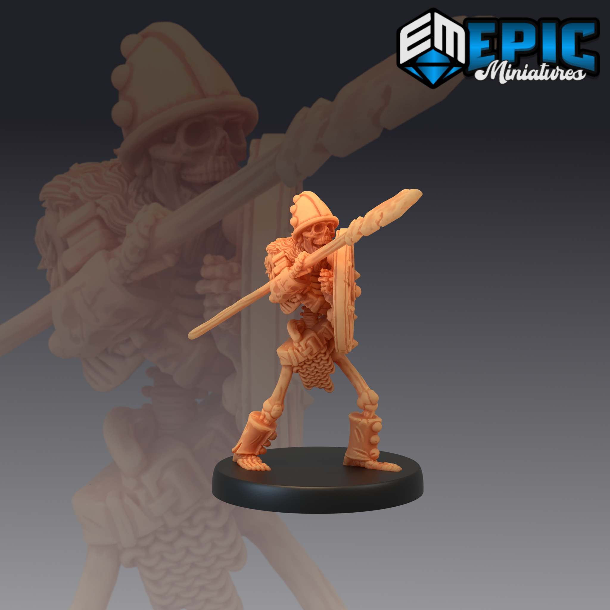 Armoured skeleton warrior by Epic Miniatures, striding forward with a long spear levelled and a broad decorated shield raised. Wears a conical helm and remnants of chainmail and leg armour. Sculpted bone detail throughout.