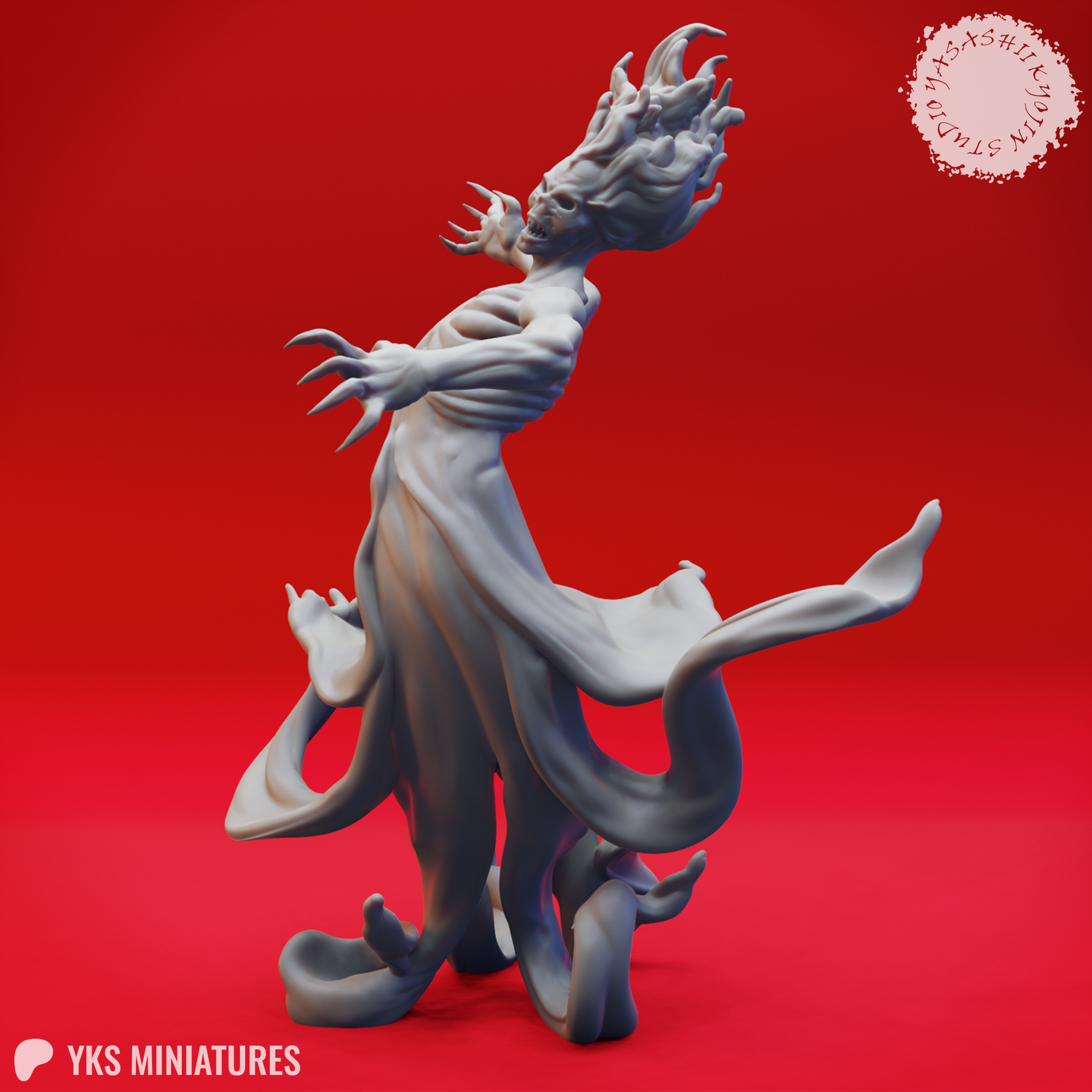Digital render of the Specter 01 miniature from Yasashii Kyojin Studio — a grey unpainted undead figure with a flame-crowned screaming skull head, elongated claws, and a lower body dissolving into coiling wraith tendrils, shown from the front-left angle against a red background