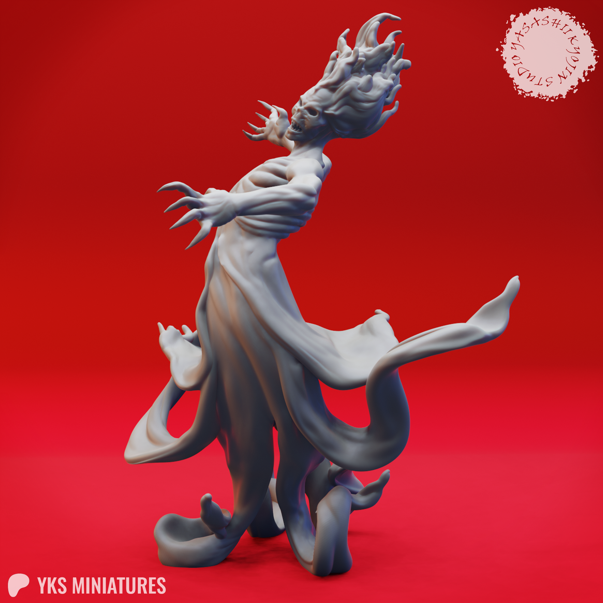 Digital render of the Specter 01 miniature from Yasashii Kyojin Studio — a grey unpainted undead figure with a flame-crowned screaming skull head, elongated claws, and a lower body dissolving into coiling wraith tendrils, shown from the front-left angle against a red background