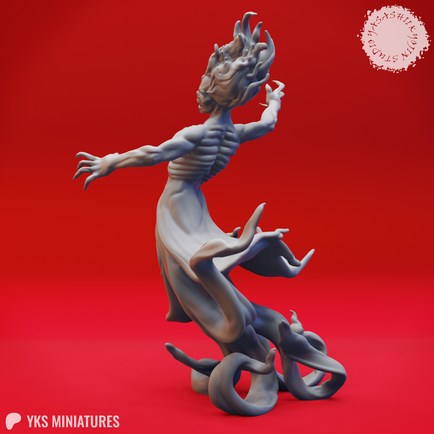 Digital render of the Specter 01 miniature from Yasashii Kyojin Studio — side profile view showing the emaciated ribcage, outstretched clawing arms, and swirling spectral tendril base, the skull-crown of flame-like protrusions clearly visible from this angle
