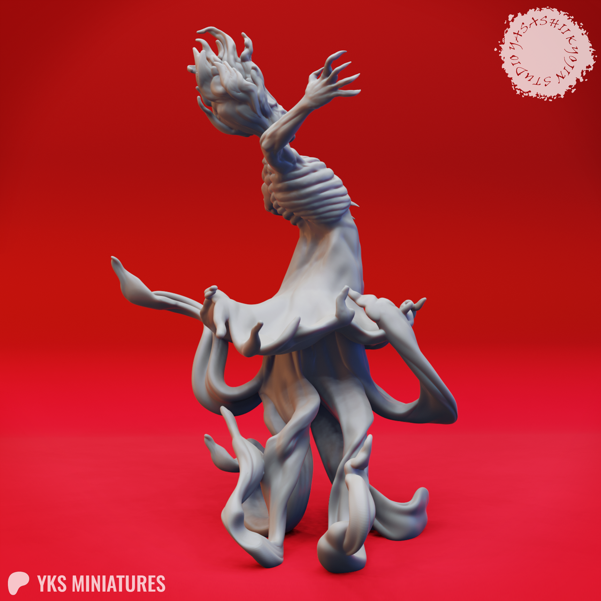 Digital render of the Specter 01 miniature from Yasashii Kyojin Studio — rear three-quarter view highlighting the dense mass of writhing tendrils that form the creature's lower body, with both arms raised and the contorted skull tilted back