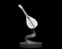 A floating mandolin miniature mounted on a sinuous, smoke-like sculpted plinth and round base. Detailed strings, tuning pegs, sound hole, and bridge visible. Sculpt by MZ4250.