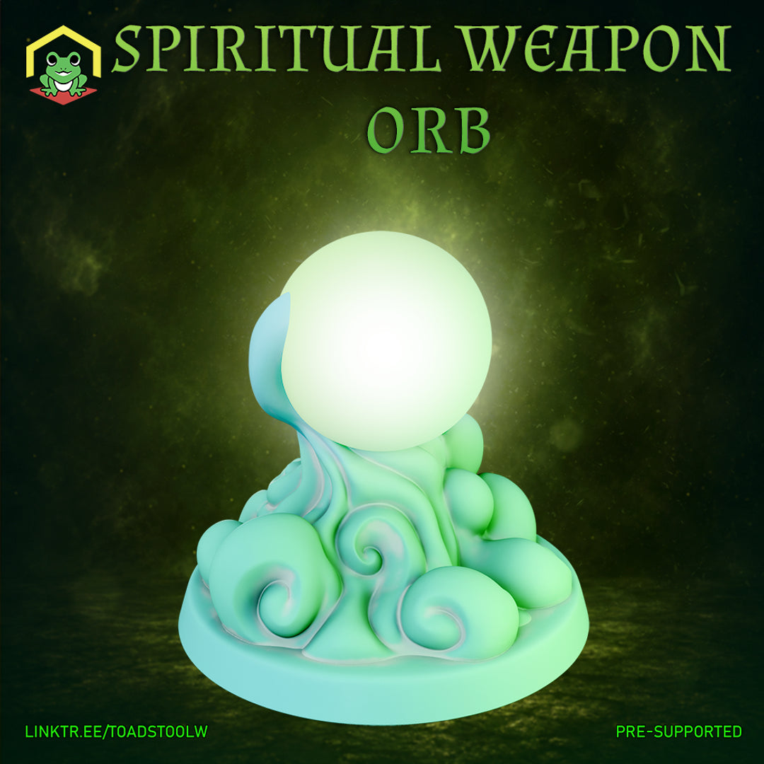 A rounded glowing orb resting atop a swirling mass of cloud-like conjured energy with tightly coiled scrollwork and billowing forms, all on a flat circular base. Sculpt by The Toadstool Weaver.