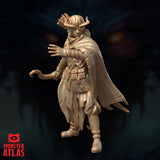 Unpainted resin render of Squiddly the young tiefling adventurer miniature, front view — small curved horns, wild feathered hair, wide travelling cloak, layered road-worn clothing with pouched belt, one hand raised open and the other curled low at his side, 32mm scale
